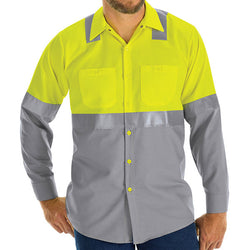 Red Kap® Ripstop Class 2 Colorblock Long Sleeve Work Shirt (Safety Green/Grey)
