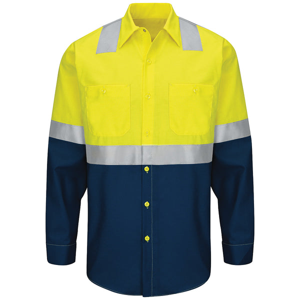 Red Kap® Ripstop Class 2 Colorblock Long Sleeve Work Shirt (Safety Green/Navy)