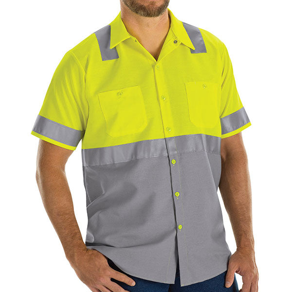 Red Kap® Ripstop Class 2 Colorblock Short Sleeve Work Shirt (Safety Green/Grey)