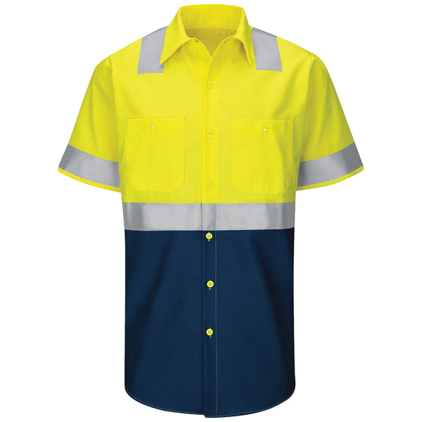 Red Kap® Ripstop Class 2 Colorblock Short Sleeve Work Shirt (Safety Green/Navy)