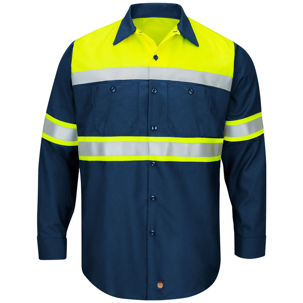 Red Kap® Enhanced Viz Ripstop Colorblock Long Sleeve Button-Down Work Shirt (Navy)
