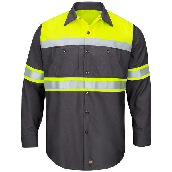 Red Kap® Enhanced Viz Ripstop Colorblock Long Sleeve Button-Down Work Shirt (Charcoal)