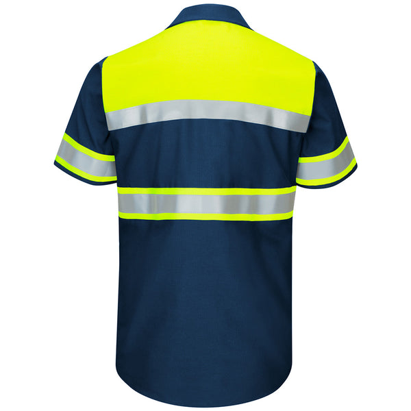 Red Kap® Enhanced Viz Ripstop Colorblock Short Sleeve Button-Down Work Shirt (Navy)