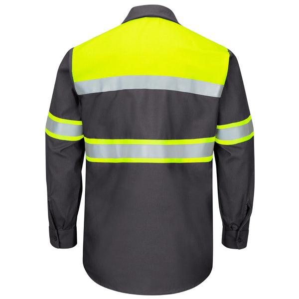 Red Kap® Enhanced Viz Ripstop Colorblock Long Sleeve Button-Down Work Shirt (Charcoal)