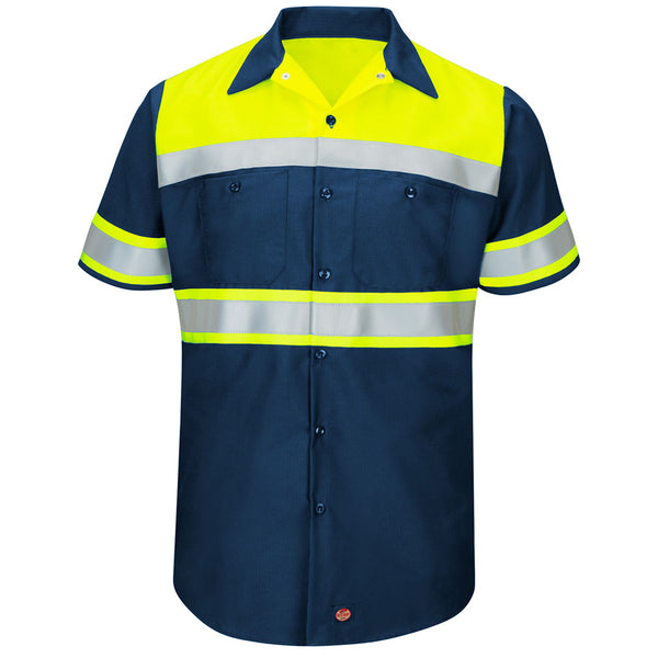 Red Kap® Enhanced Viz Ripstop Colorblock Short Sleeve Button-Down Work Shirt (Navy)