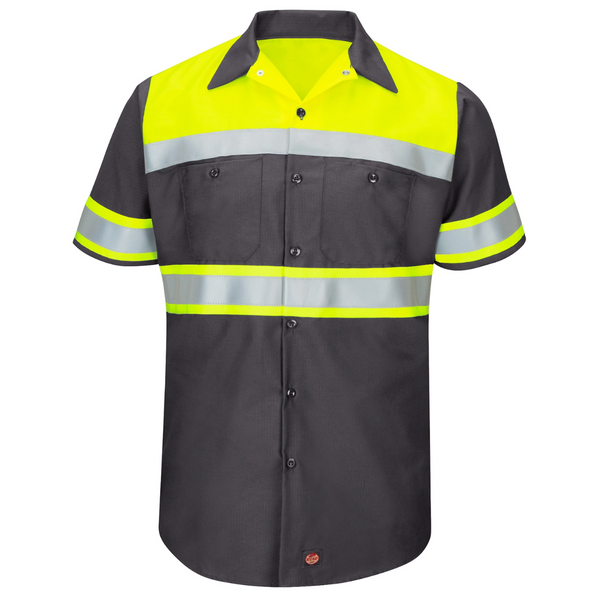 Red Kap® Enhanced Viz Ripstop Colorblock Short Sleeve Button-Down Work Shirt (Charcoal)